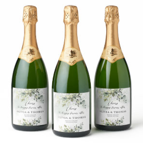 Elegant boho eucalyptus greenery gold frame sparkling wine label
