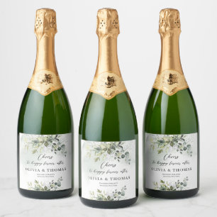 Elegant boho eucalyptus greenery gold frame sparkling wine label