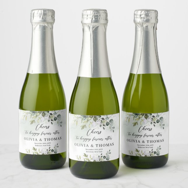 Elegant boho eucalyptus greenery gold frame sparkling wine label (Bottles)