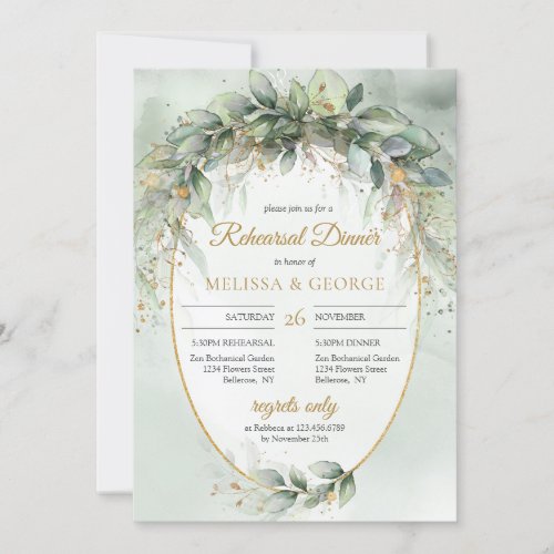 Elegant boho eucalyptus greenery gold rehearsal invitation