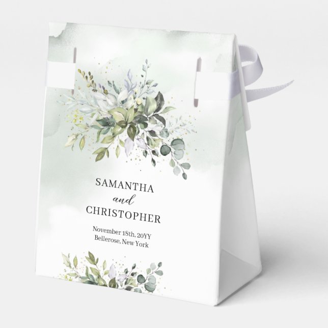 Elegant boho eucalyptus greenery gold wedding favor boxes (Back Side)