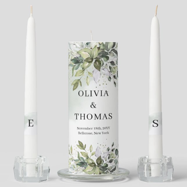 Elegant boho eucalyptus greenery gold wedding unity candle set (Front)