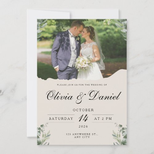 Elegant Boho Eucalyptus Leaves & Photo Wedding Invitation