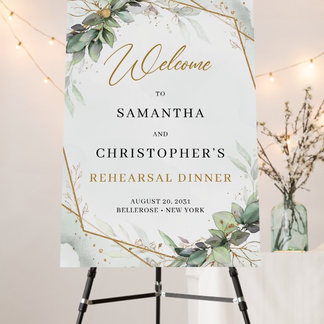 Elegant boho eucalyptus rehearsal dinner welcome foam board (In Situ (Stand))