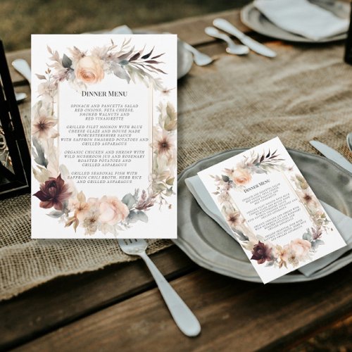 Elegant BOHO Fall Autumn Floral Wedding Menu Invitation