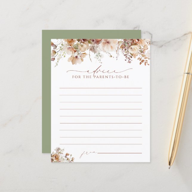 Elegant Boho Fall Floral Baby Shower Advice Card (Front/Back In Situ)