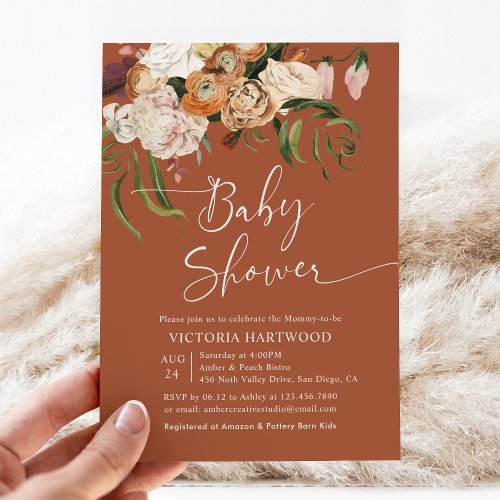 Elegant Boho Fall Florals Terracotta Baby Shower  Invitation