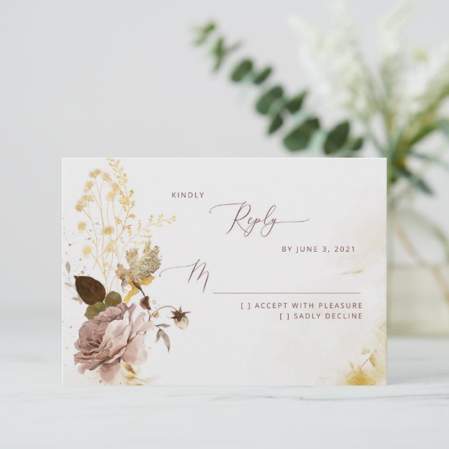 Elegant boho fall gold foil wedding RSVP card (Standing Front)