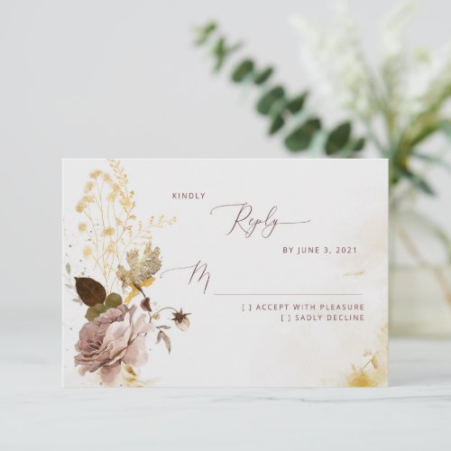 Elegant boho fall gold foil wedding RSVP card