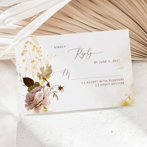 Elegant boho fall gold foil wedding RSVP card