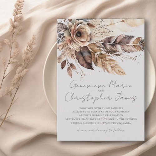Elegant Boho Feather Floral Watercolor Wedding Invitation