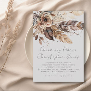 Elegant Boho Feather Floral Watercolor Wedding Invitation