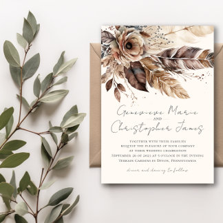 Elegant Boho Feather Floral Watercolor Wedding Invitation