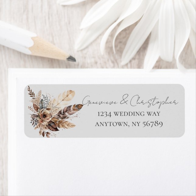 Elegant Boho Feather Watercolor Wedding Address   Label (Insitu)