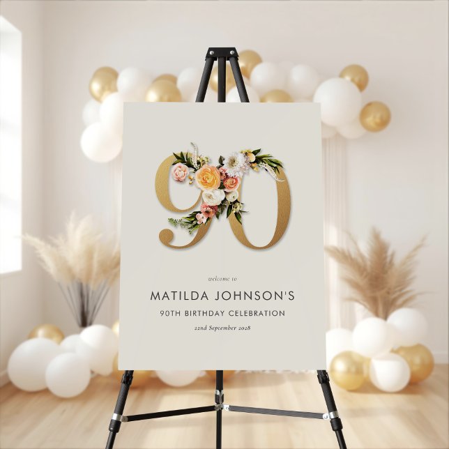 Elegant Boho Floral 90th Birthday Welcome Sign (Elegant Boho Floral 90th Birthday Welcome Sign)