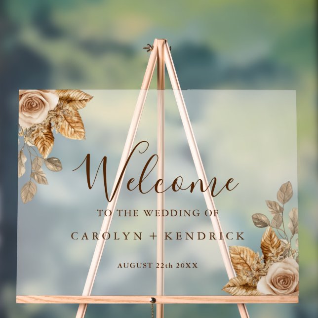 Elegant Boho Floral Accent Wedding Welcome Frosted Acrylic Sign (Neutral)