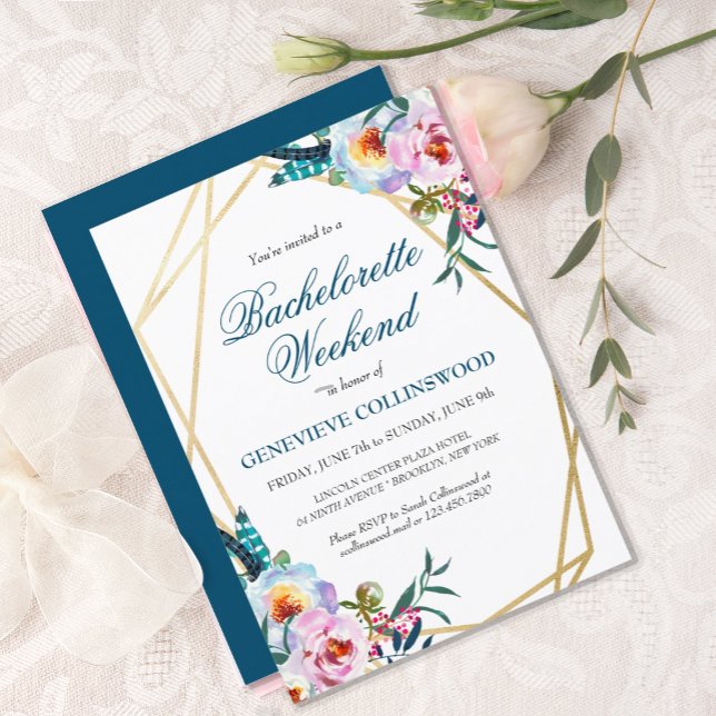 Elegant Boho Floral Bachelorette Weekend Itinerary Invitation (PRETTY BLUE BOHO FLORAL BACHELORETTE WEEKEND INVITATION WITH ITINERARY)