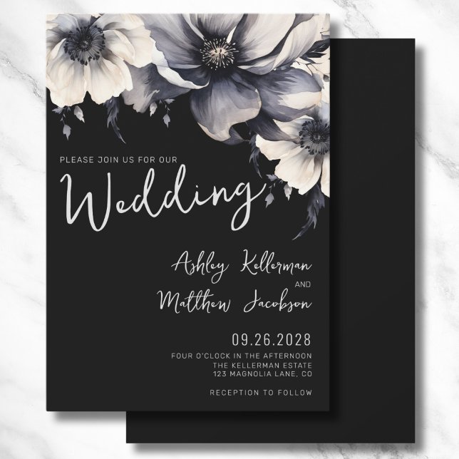 Elegant Boho Floral Black Wedding Invitation (Modern Elegant Script Floral Black White Wedding Invitation)