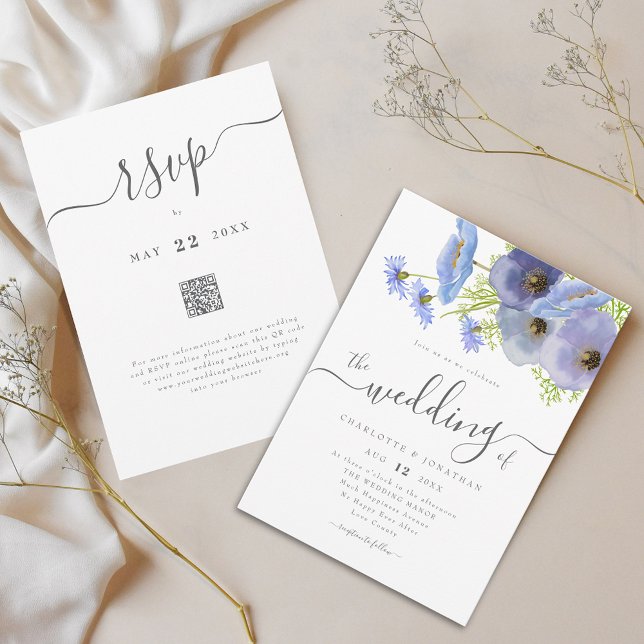 Elegant Boho Floral Blue Wedding QR Code Invitation (Elegant boho wildflower bouquet watercolor blue floral garden wedding qr code invitation)