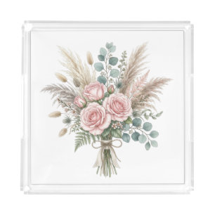 Elegant Boho Floral Bouquet Blush Pink pillow Acrylic Tray