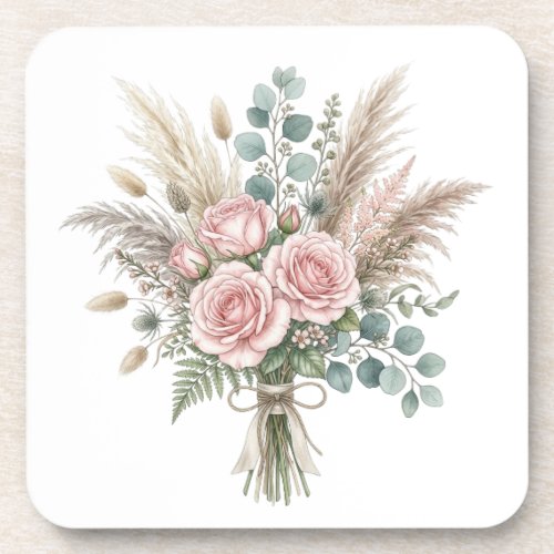 Elegant Boho Floral Bouquet Blush Pink pillow Beverage Coaster