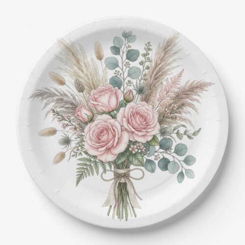 Elegant Boho Floral Bouquet Blush Pink pillow  Paper Plates
