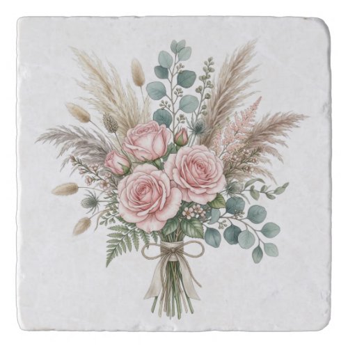 Elegant Boho Floral Bouquet Blush Pink pillow Trivet