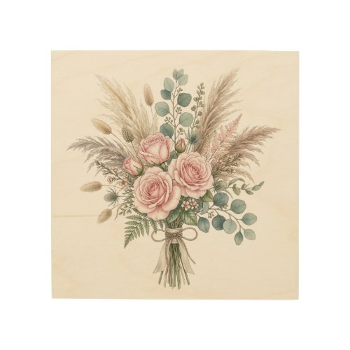 Elegant Boho Floral Bouquet Blush Pink pillow Wood Wall Art