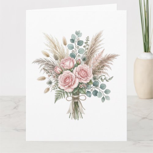 Elegant Boho Floral Bouquet Blush Pink Rose Weddin Card