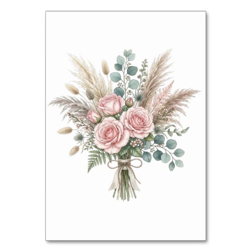 Elegant Boho Floral Bouquet Blush Pink Rose Weding Table Number