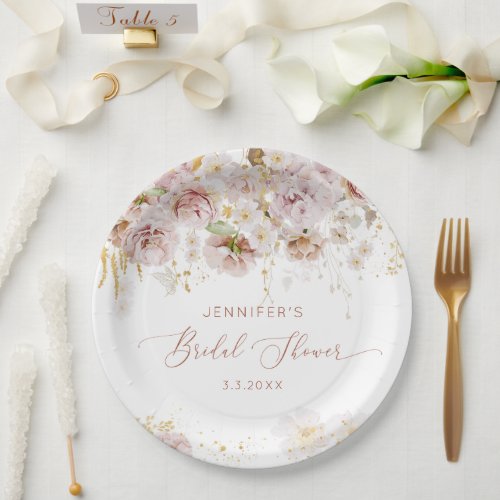 Elegant boho floral bridal shower paper plates