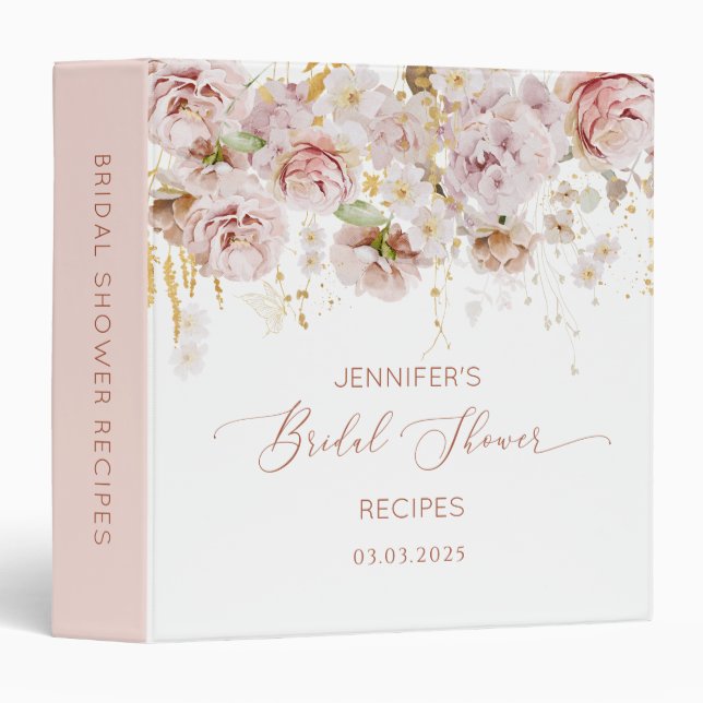 Elegant boho floral Bridal Shower Recipe Book 3 Ring Binder (Front/Spine)