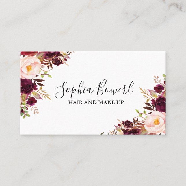 Elegant Boho Floral Burgundy Peony Blush Business Card (Front)