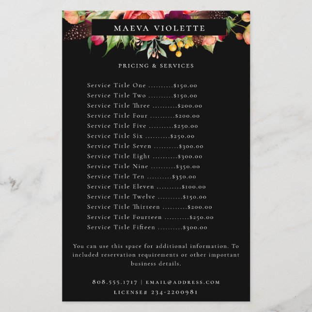 Elegant Boho Floral Business Service/Pricing Flyer (Front)