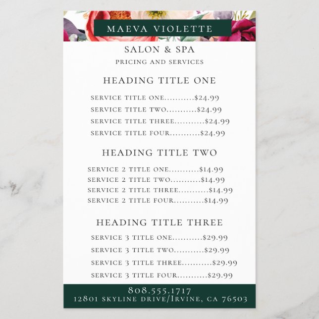 Elegant Boho Floral Business Service/Pricing Flyer (Front)