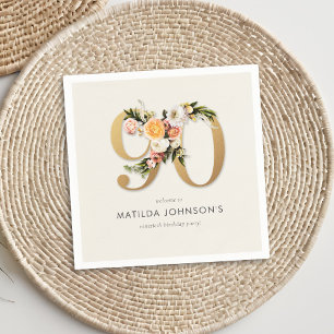 Elegant Boho Floral Gold Foil 90th Birthday Napkins
