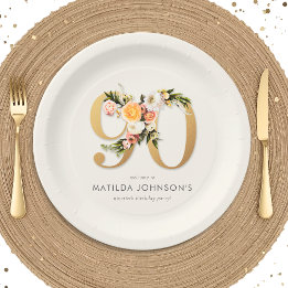 Elegant Boho Floral Gold Foil 90th Birthday Paper Plates