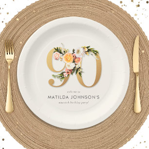 Elegant Boho Floral Gold Foil 90th Birthday Paper Plates