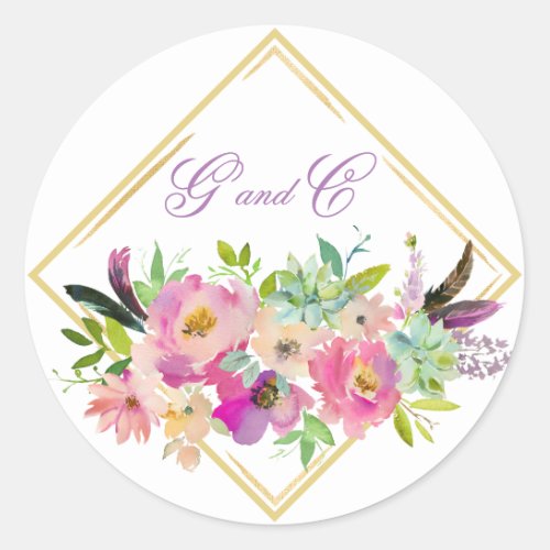 Elegant Boho Floral Gold Wedding Monogram Classic Round Sticker