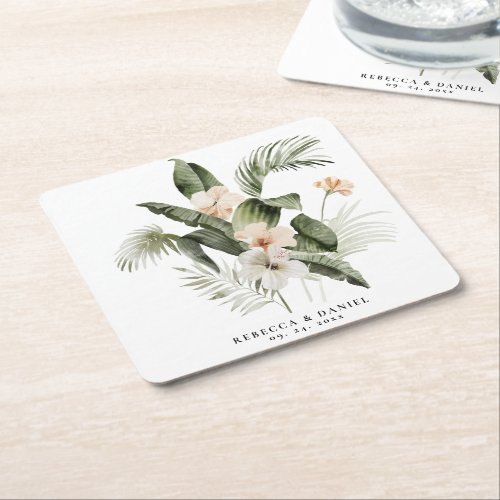 Elegant Boho Floral Greenery Square Paper Coaster