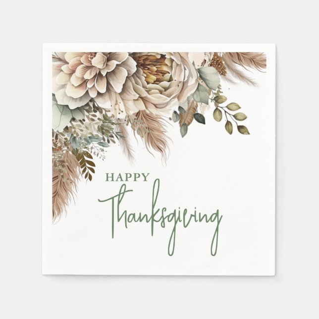  Elegant Boho Floral Happy Thanksgiving Napkins (Front)
