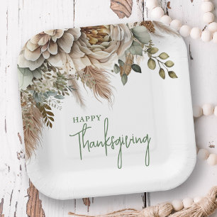 Elegant Boho Floral Happy Thanksgiving Paper Plates
