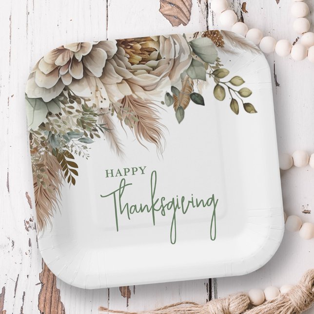  Elegant Boho Floral Happy Thanksgiving Paper Plates (Creator Uploaded)