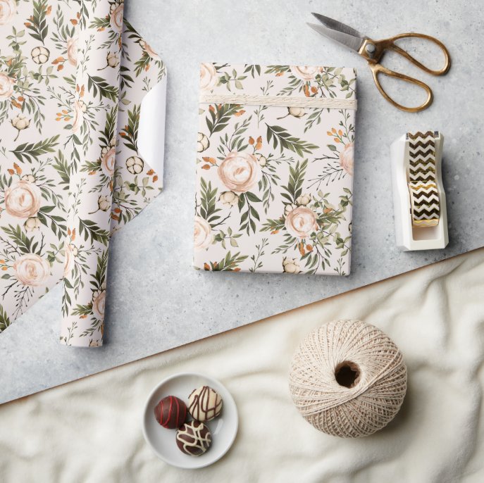 Elegant Boho Floral Ivory Terracotta Wrapping Paper