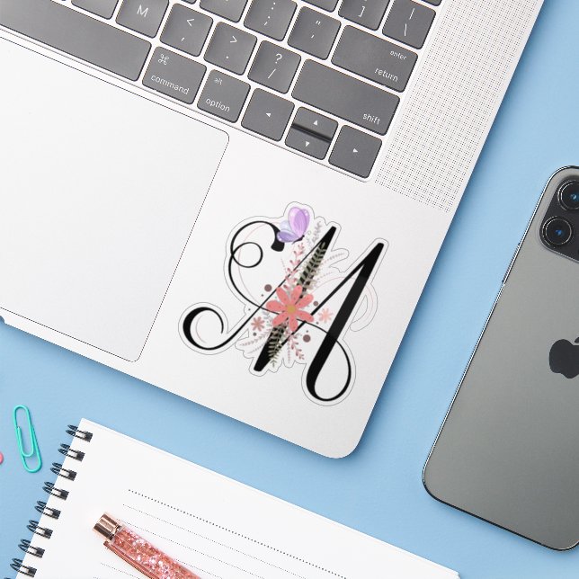 Elegant Boho Floral Letter M Initial Monogram  Sticker (Laptop w/ iPhone)