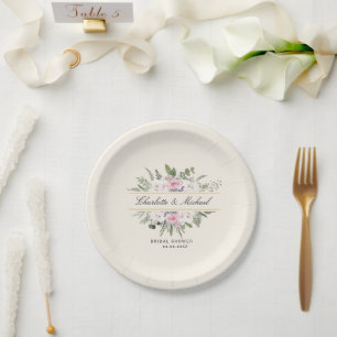 Elegant Boho Floral Monogram Bridal Shower Paper Plates