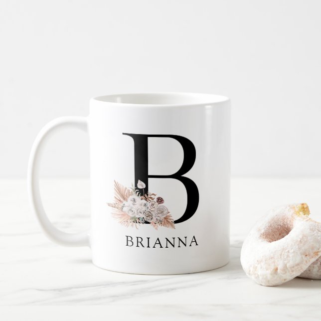 Elegant Boho Floral Monogram  Coffee Mug (With Donut)