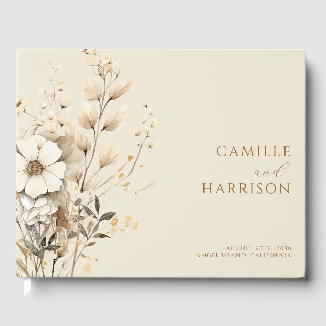 Elegant Boho Floral Monogram Wedding Guest Book (Front)