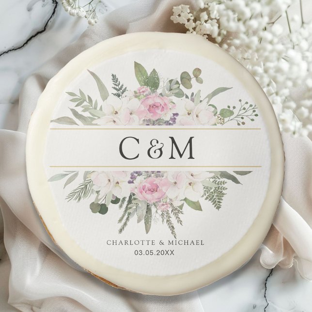 Elegant Boho Floral Monogram Wedding Sugar Cookie (Elegant Boho Floral Monogram Wedding Sugar Cookie with your names and date.)