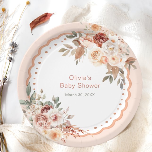 Elegant Boho Floral Neutral Baby Shower Paper Plates (Creator Uploaded)